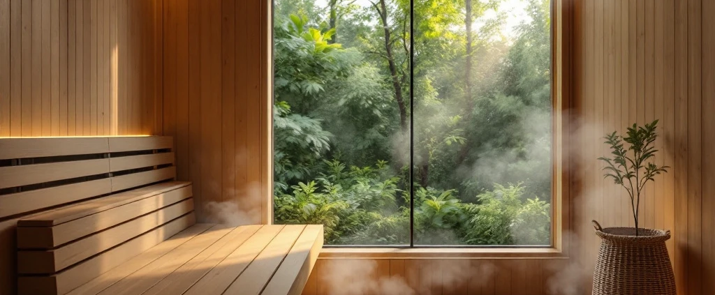 Moderni sauna Pasila, puupaneelit, pehmeä valaistus, höyryä, penkki, ikkuna vehreään maisemaan; rentoutumista ja työskentelyä.