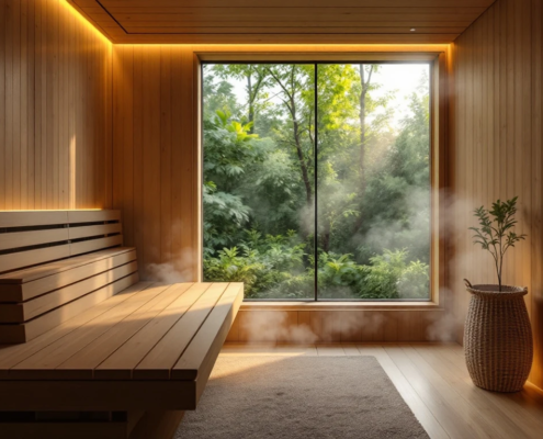Moderni sauna Pasila, puupaneelit, pehmeä valaistus, höyryä, penkki, ikkuna vehreään maisemaan; rentoutumista ja työskentelyä.